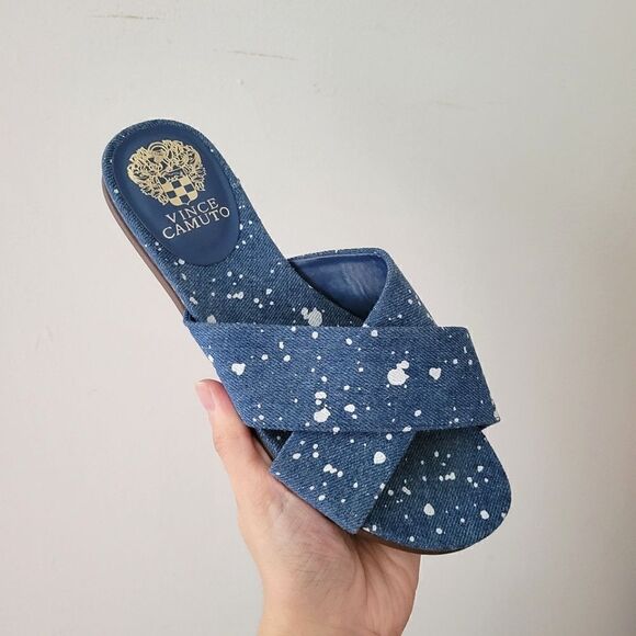 Vince Camuto Esulla Blue Denim Splatter Sandals Cross Band 7 M - Picture 1 of 10